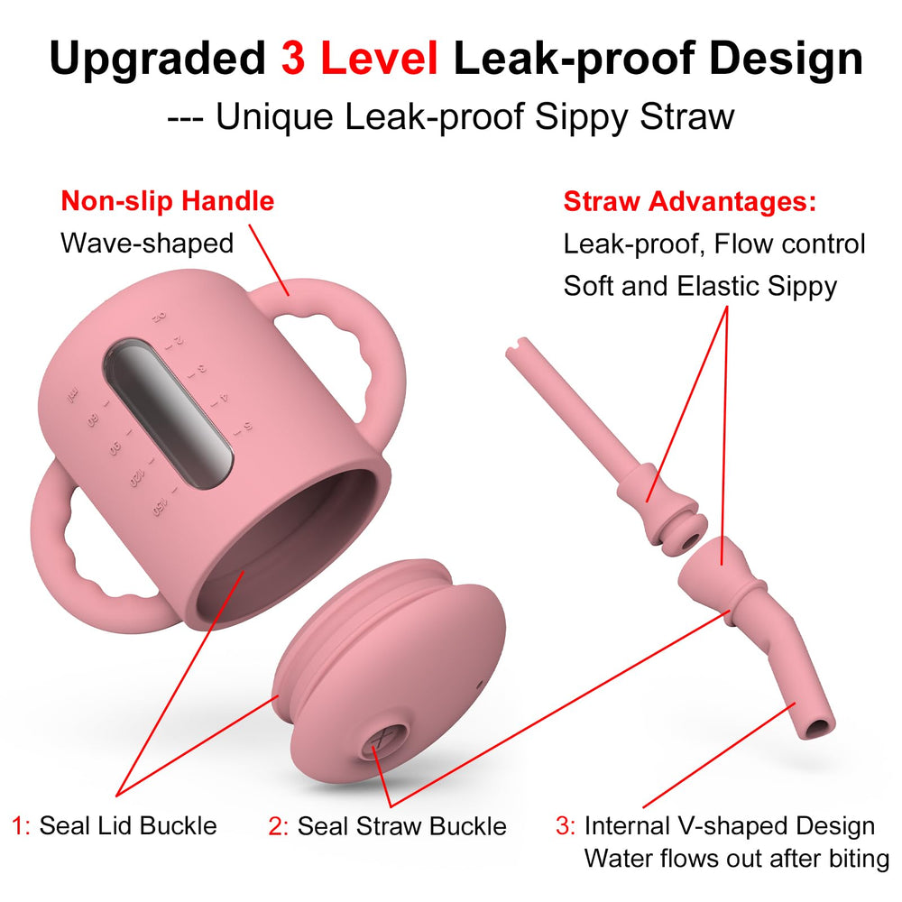 Seposeve sippy cup with v-shaped straw supports controlled flow to prevent spills
