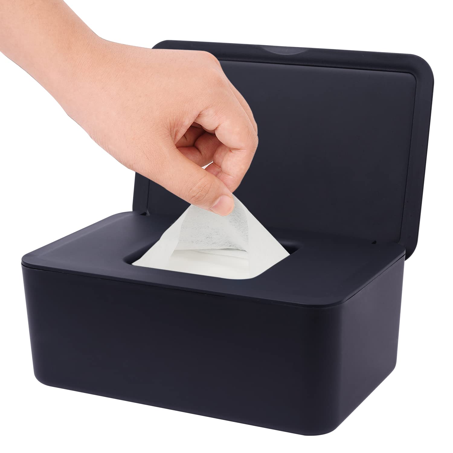 Seposeve wipes dispenser, black front view, keeps wipes clean and accessible.