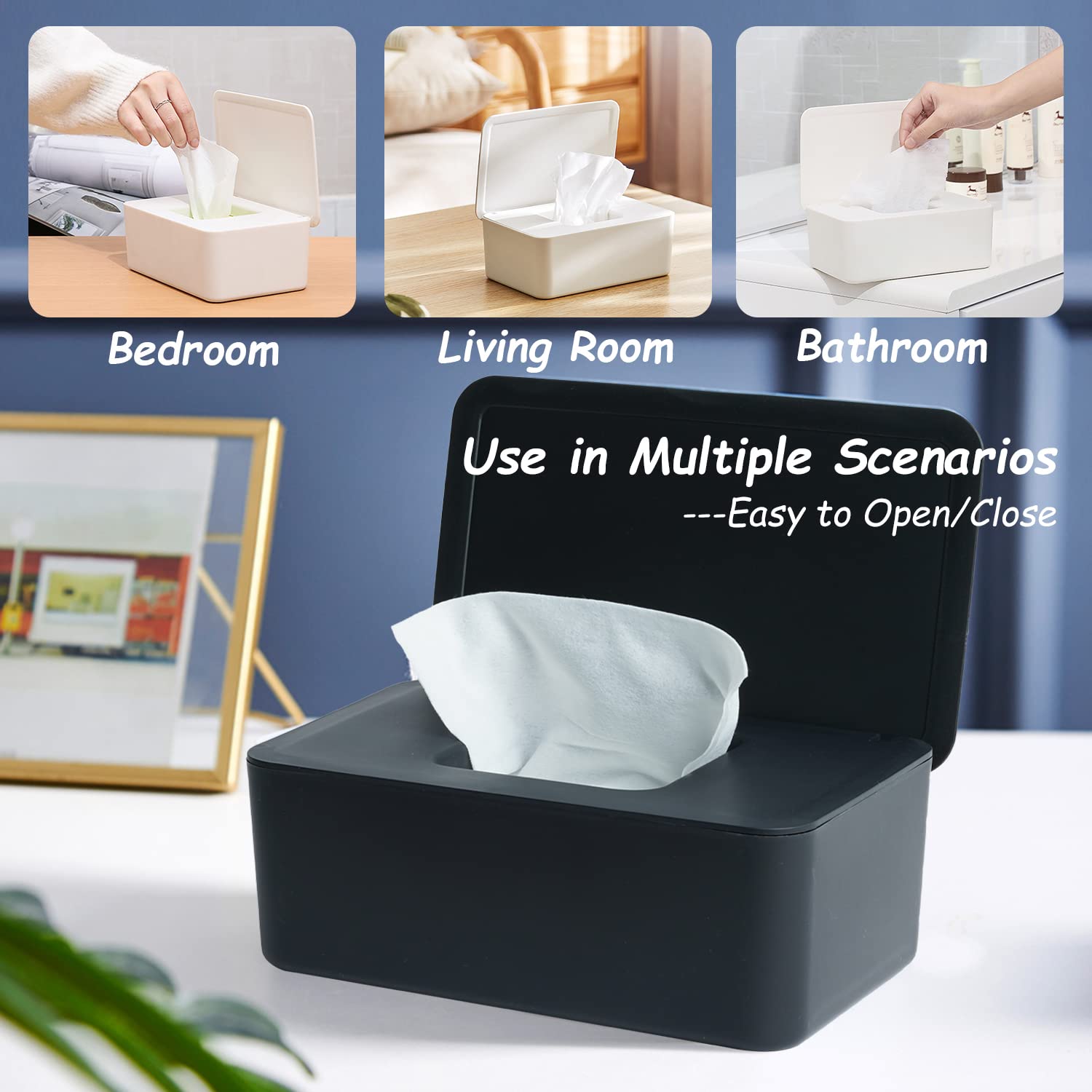 Seposeve wipes dispenser, black lid close-up, shows a dust-proof seal preserving wipes freshness.
