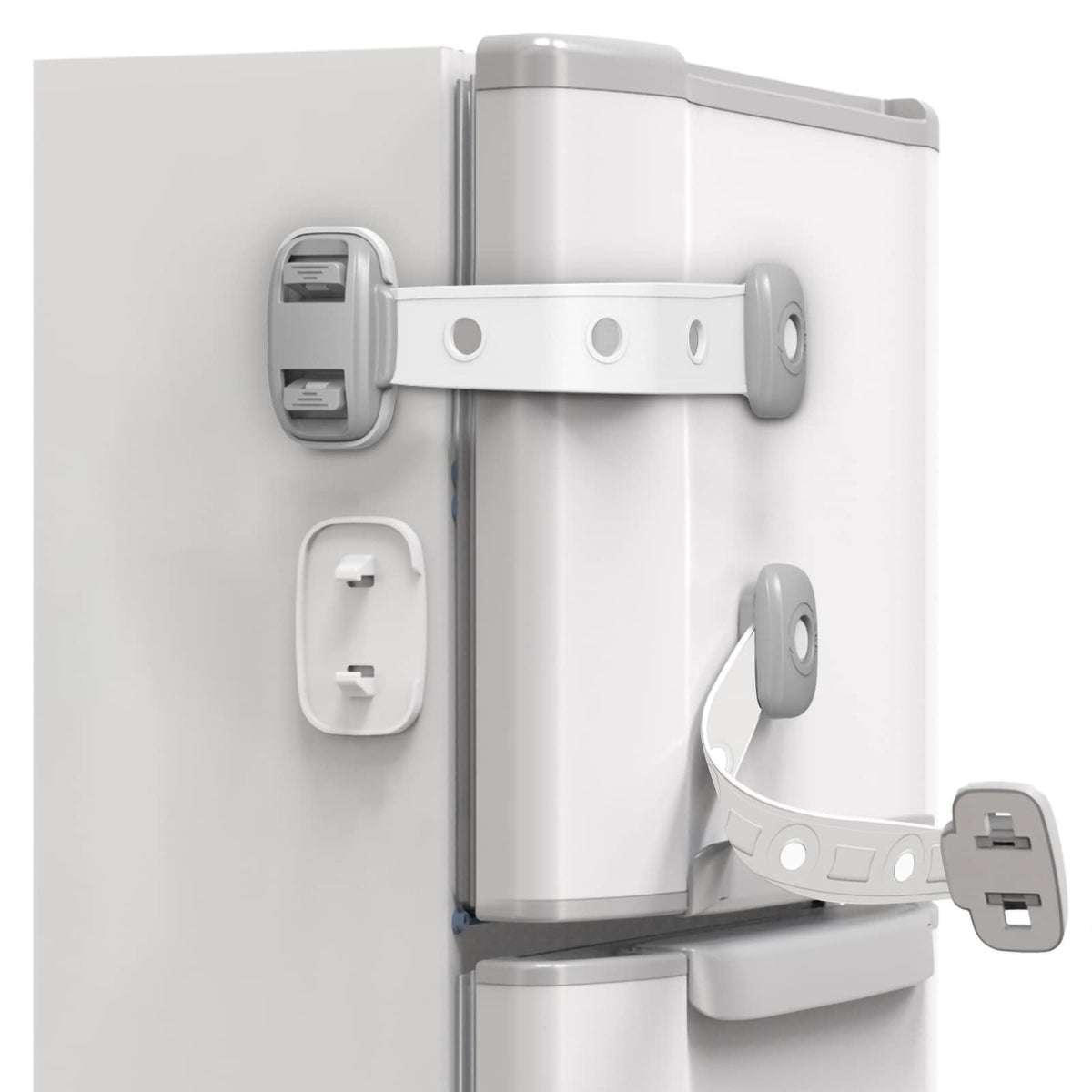 SEQUHITKU fridge lock strap around corner keeps cabinets secure from curious kids.