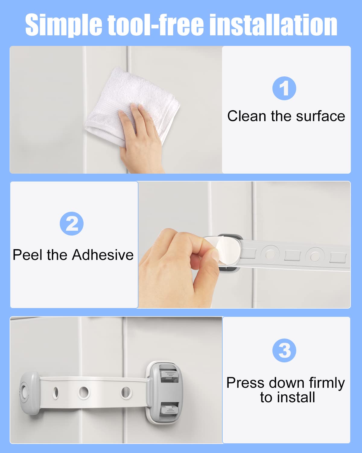 SEQUHITKU multipurpose safety lock for kitchen cabinets and appliances.