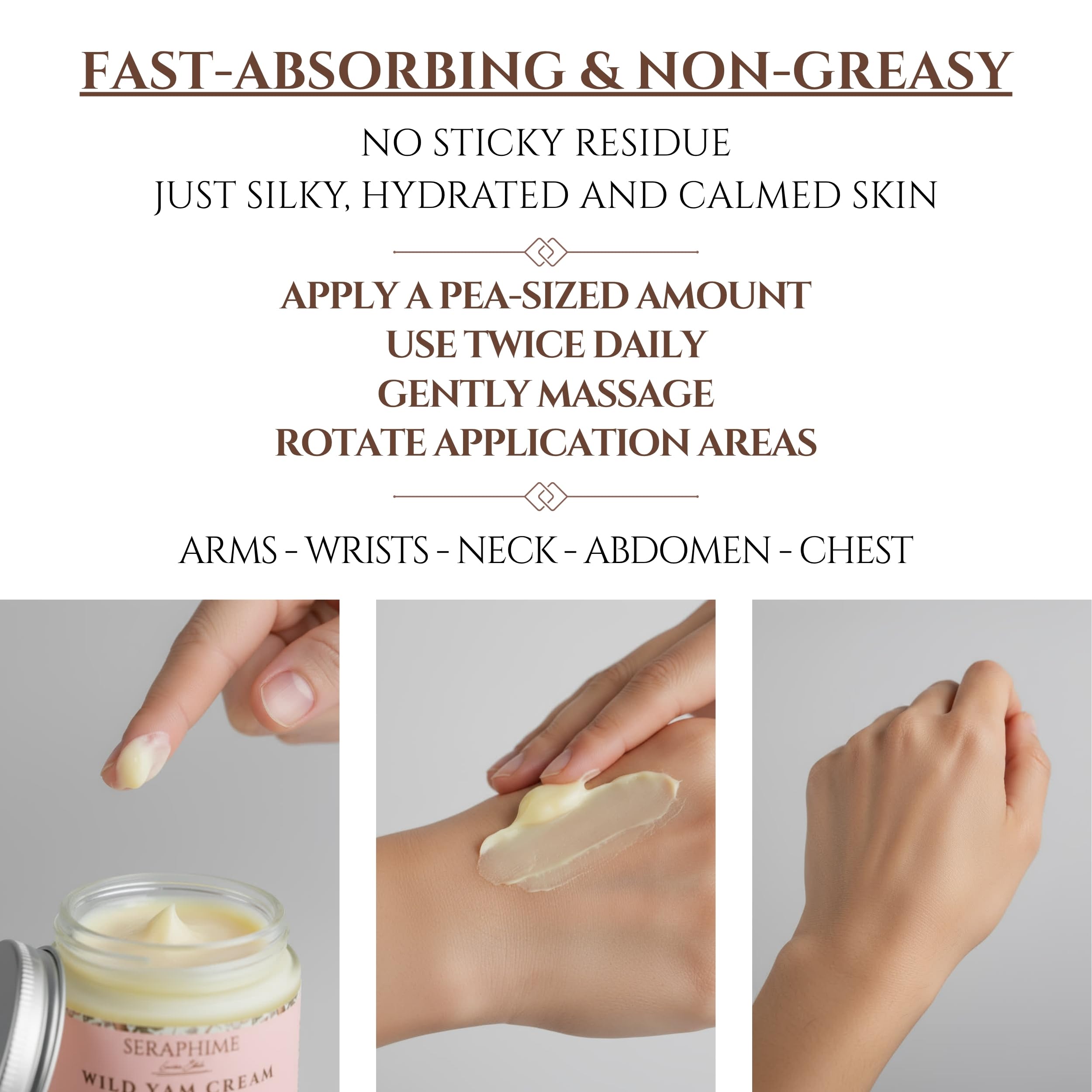 Seraphime Wild Yam Cream applied to skin demonstrates daily use.