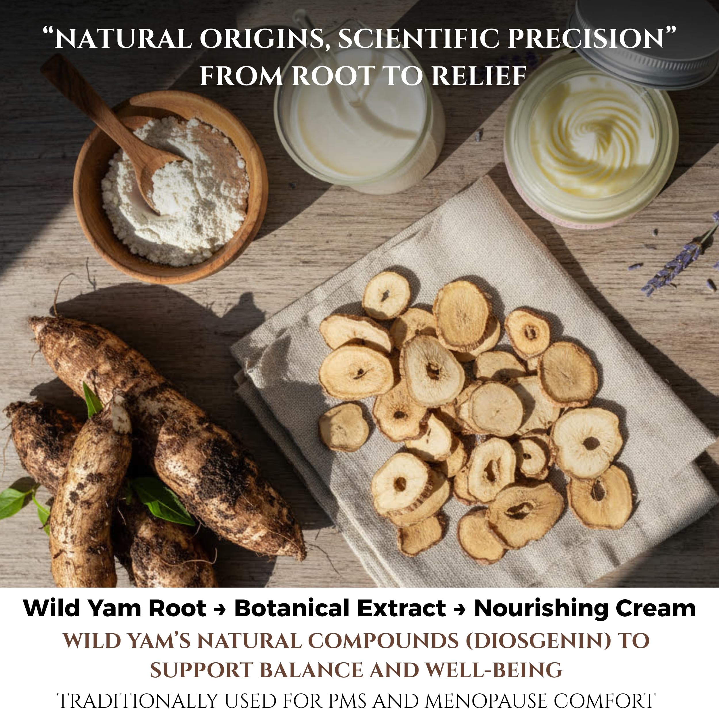 Seraphime Wild Yam Cream lavender oil drops highlight calming aroma.