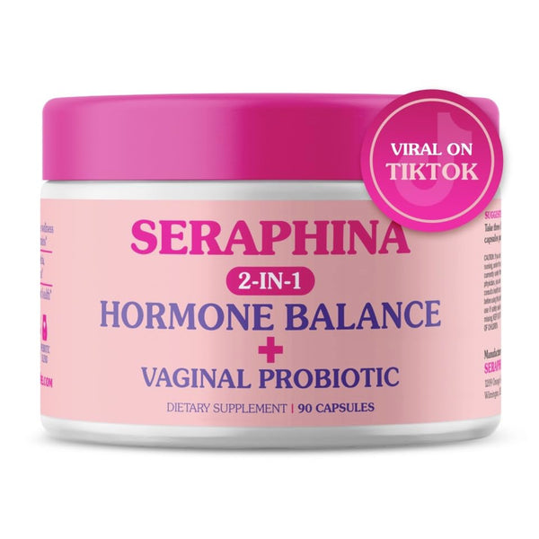 Seraphina Vaginal Probiotics bottle on table highlighting daily balance potential.