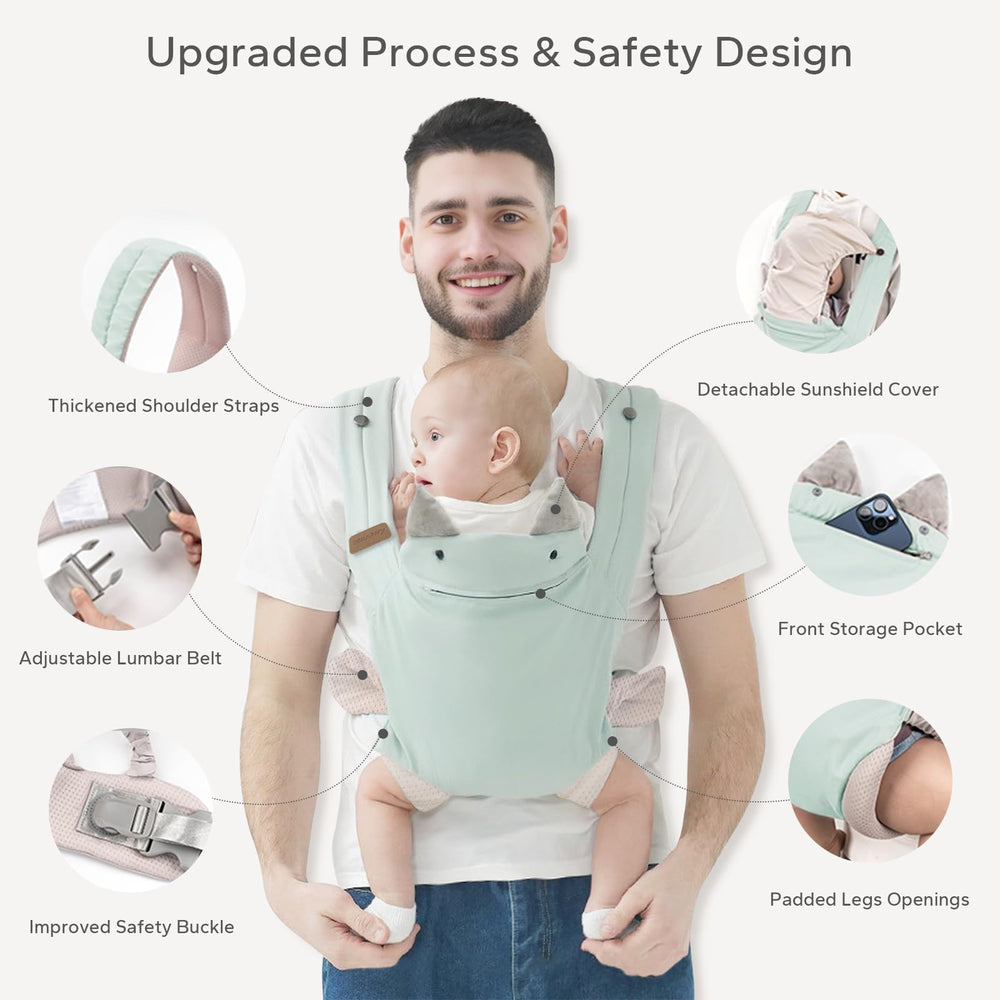 SERAPHY carrier pocket and lumbar area illustrates storage and support on outings.