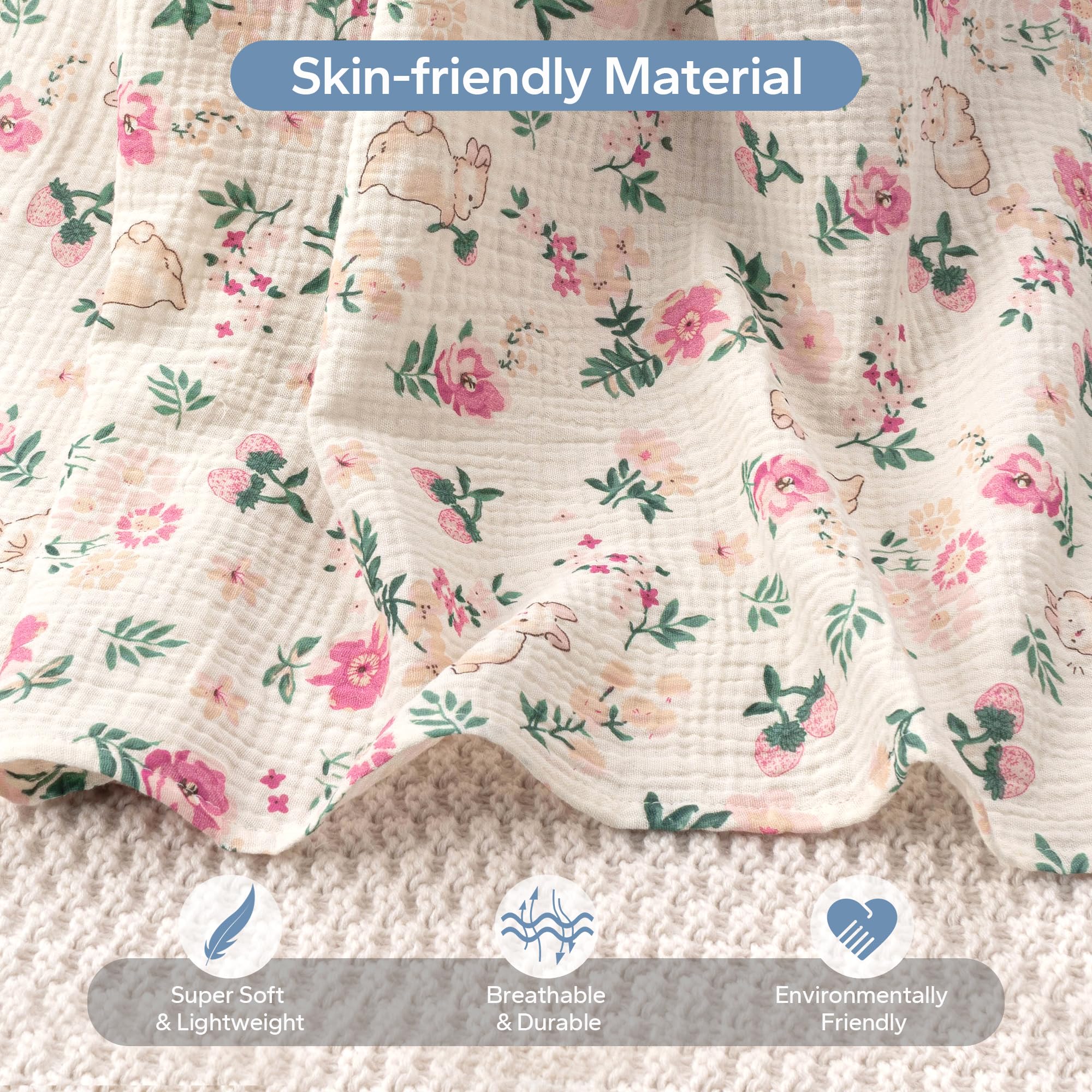SERAPHY Rabbits breathable muslin fabric allows airflow and comfort for baby.