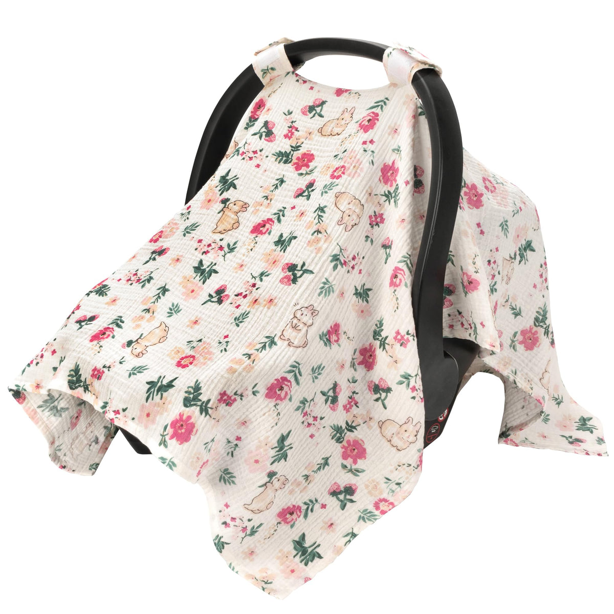 SERAPHY Rabbits muslin car seat cover shielding baby from sun and wind.