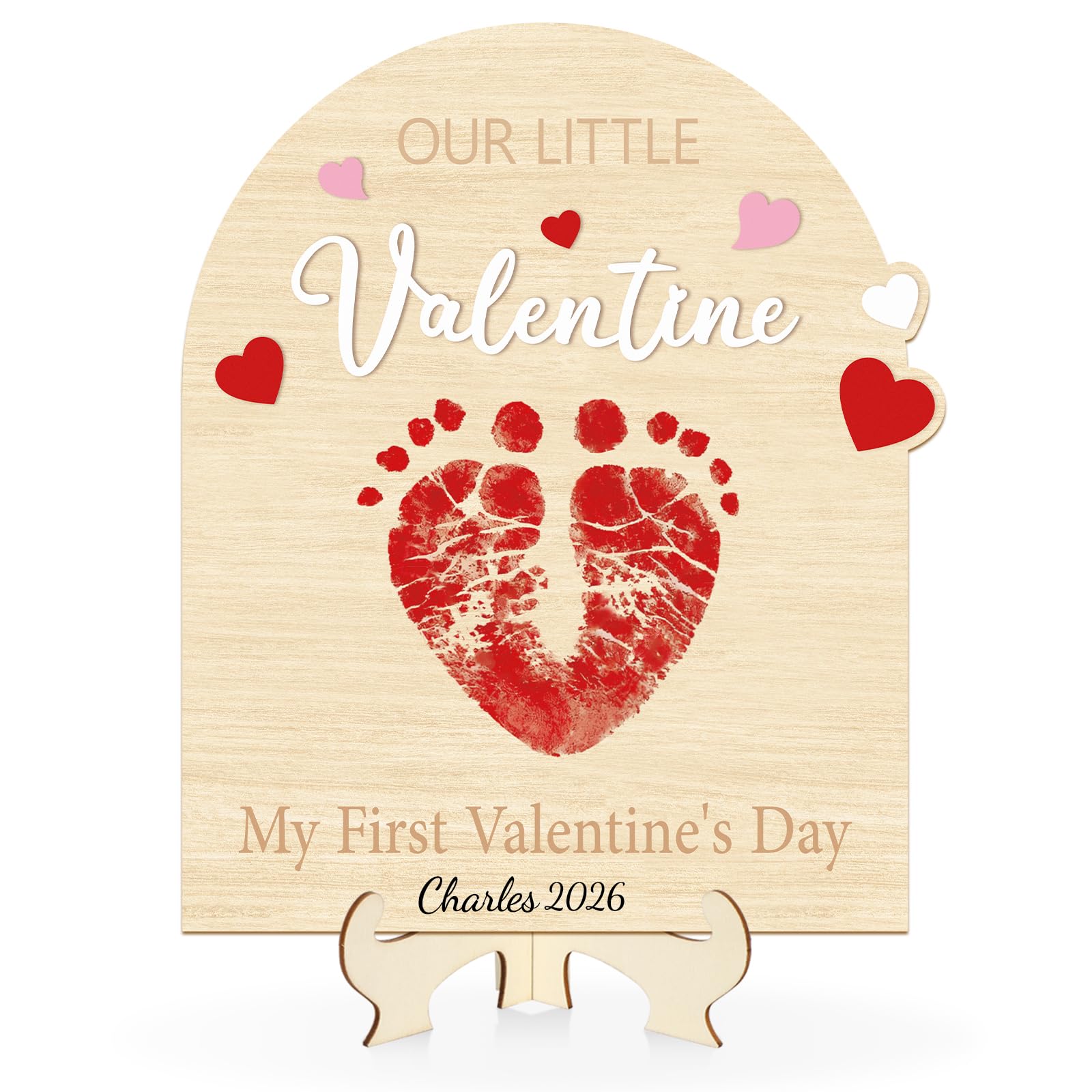 Sereliy baby first valentines footprint sign wood 9x9 for photos or display.