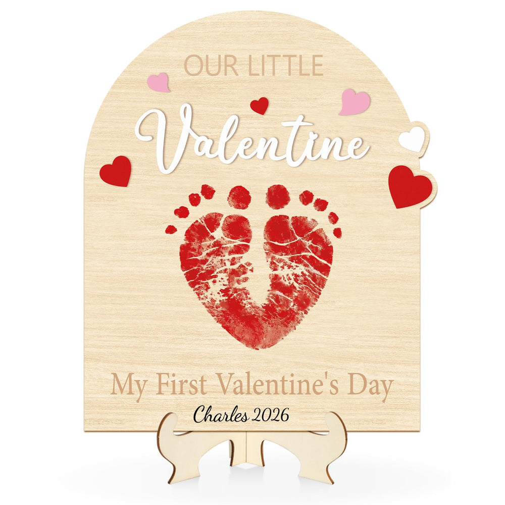 Sereliy baby first valentines footprint sign wood 9x9 for photos or display.