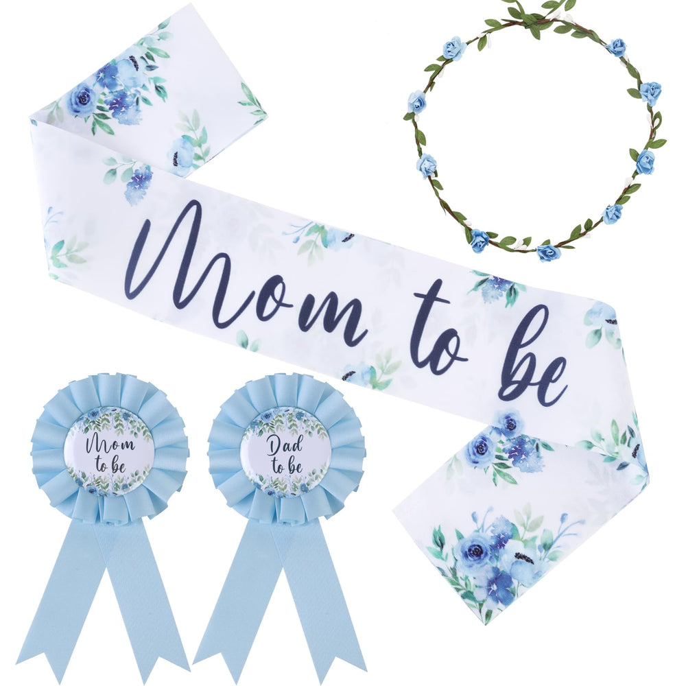 Serencatcher Baby in Bloom mom-to-be sash in blue for an elegant baby shower look