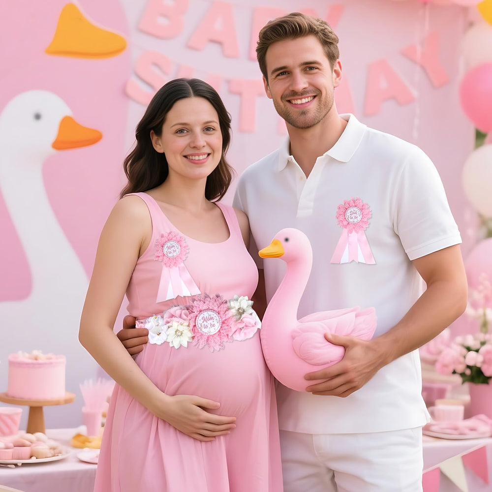 Serencatcher Silly Goose mom-to-be corsage pin enhances outfits with pink flowers