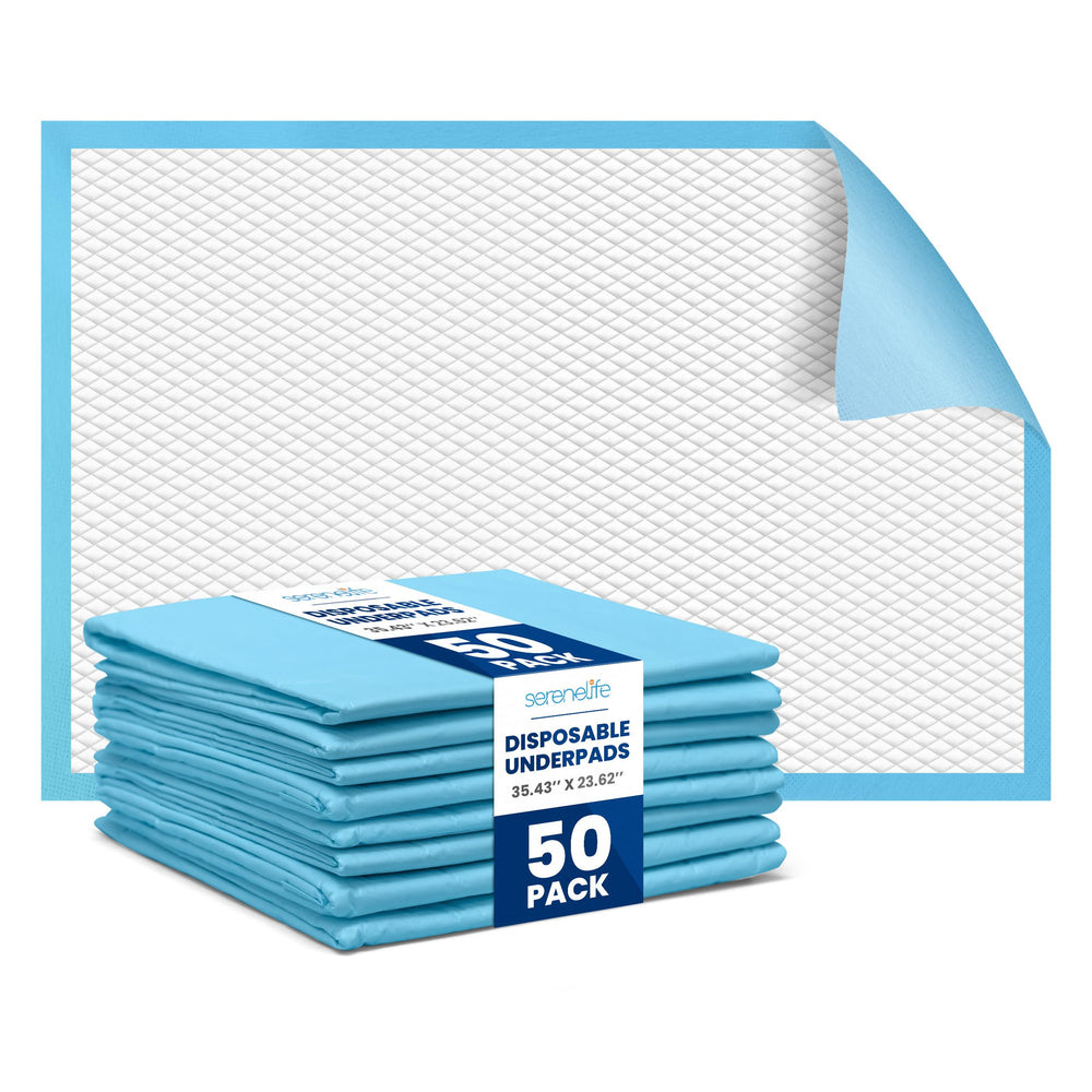 SereneLife disposable underpads, 50-count pack with a soft top layer for comfort and dryness.