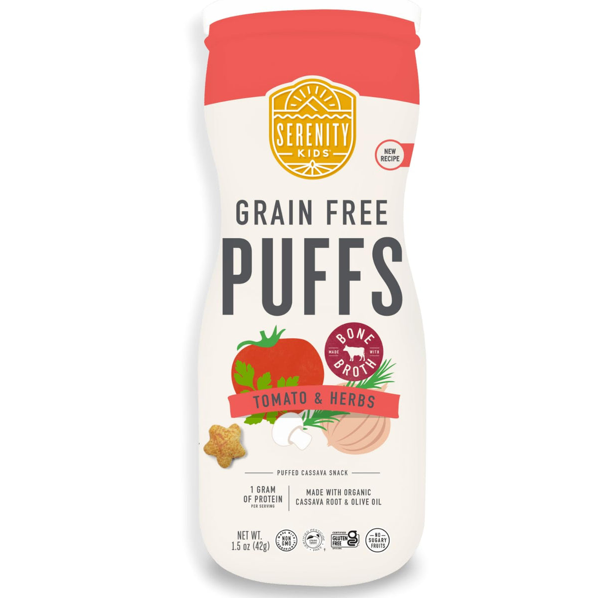 Serenity Kids 6+ months puffs packshot with tomato-mushroom flavor.