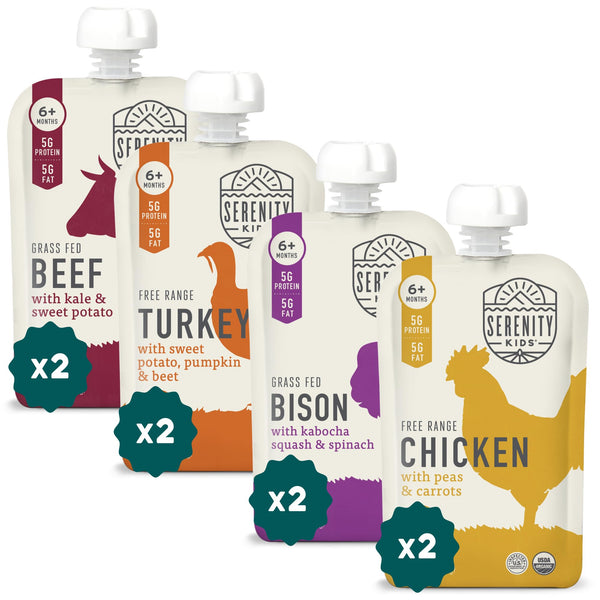 Serenity Kids 6+ months meat pouches front pack for on-the-go nutrition