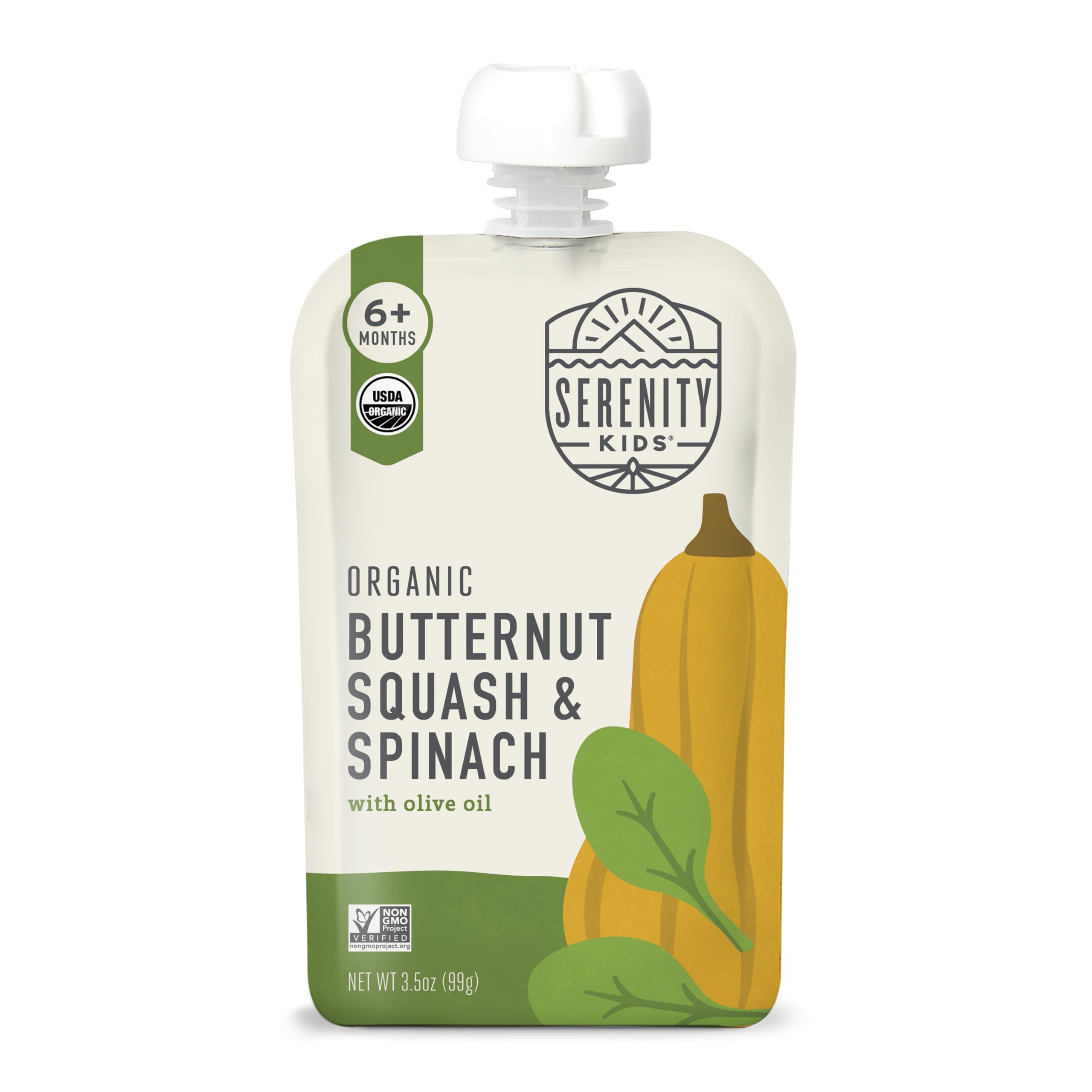 Serenity Kids pouch with butternut squash and spinach for on-the-go veggie nutrition.