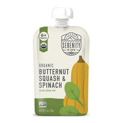 Serenity Kids pouch with butternut squash and spinach for on-the-go veggie nutrition.