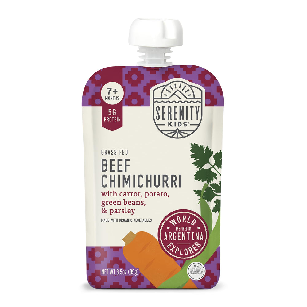 Serenity Kids beef chimichurri pouch ready for on-the-go snacking and protein boost