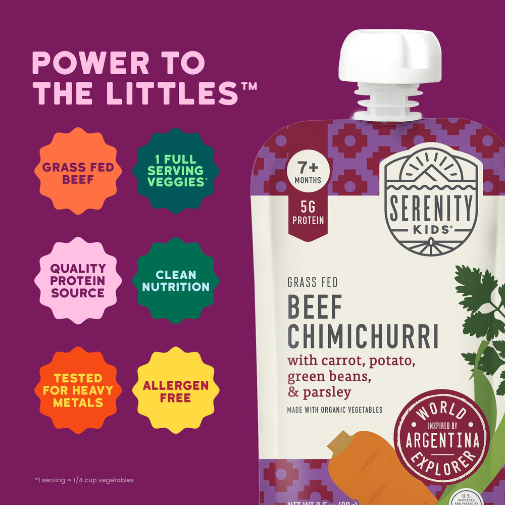 On-the-go Serenity Kids beef chimichurri pouch for self-feeding