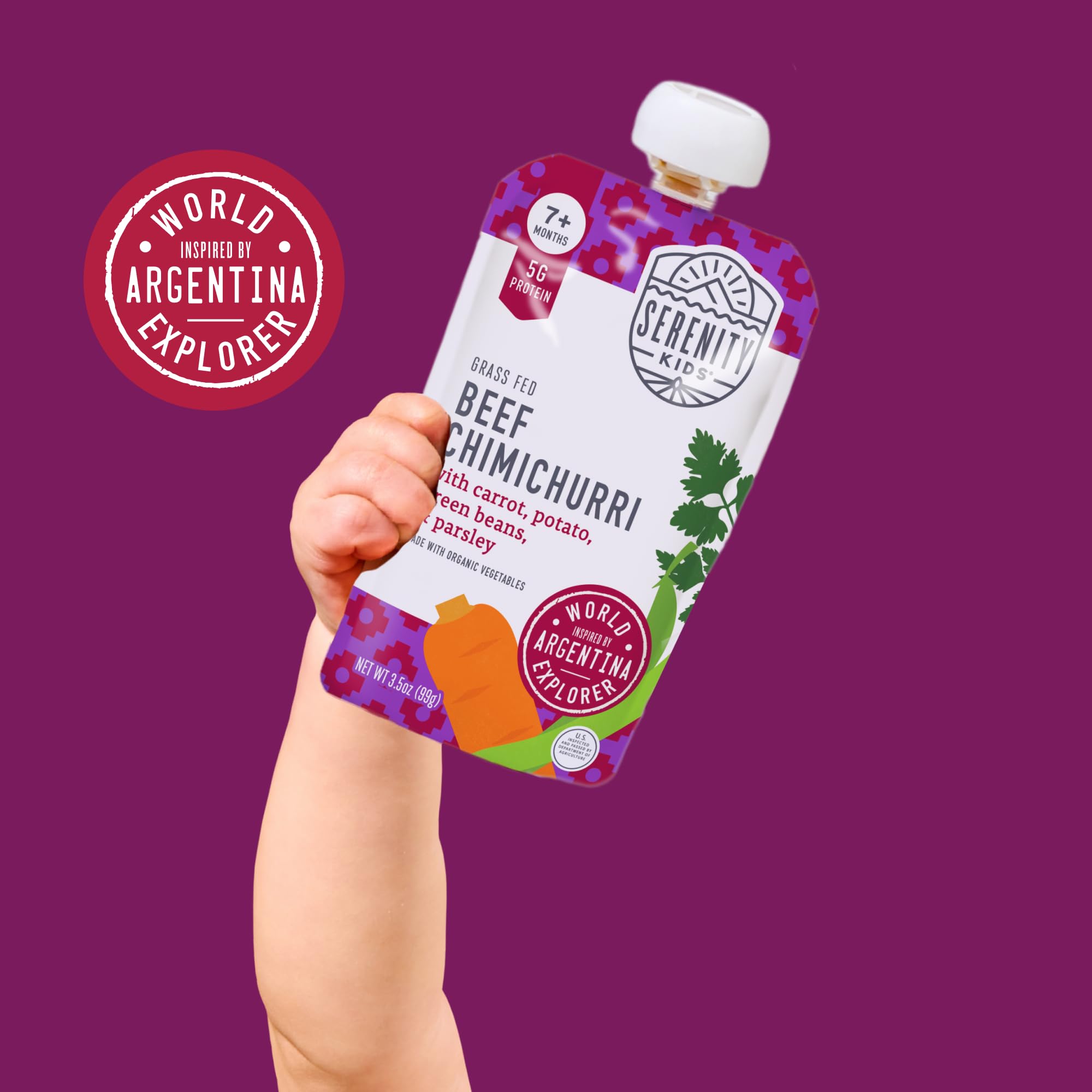 Toddler-friendly Serenity Kids beef chimichurri pouch in hand