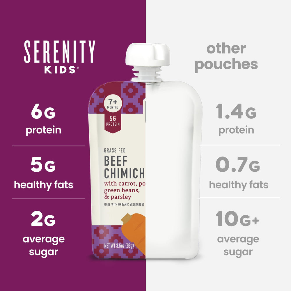 Serenity Kids beef chimichurri pouch shown with nutritious meal setup