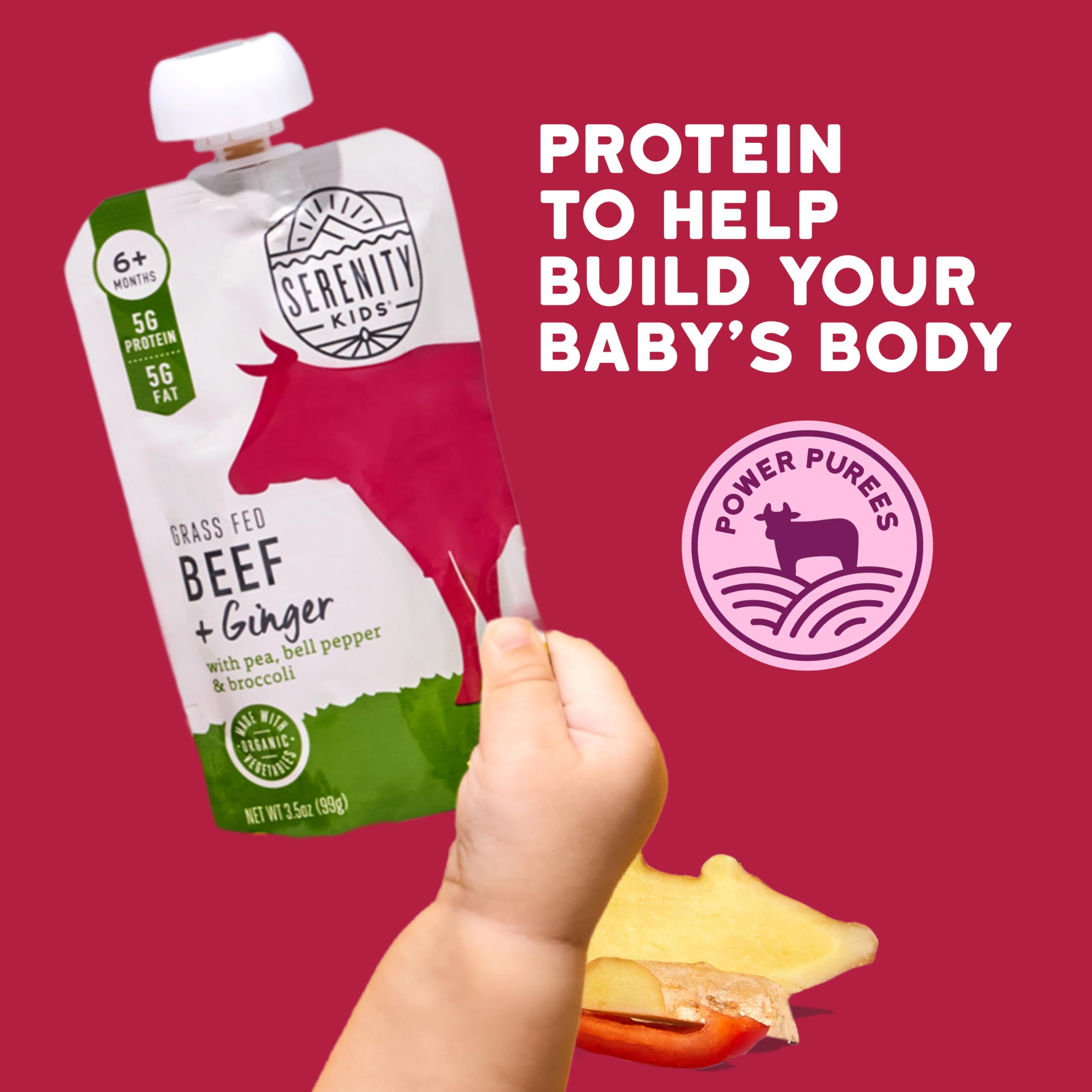 Serenity Kids Beef & Ginger pouch nutrition panel highlights protein.