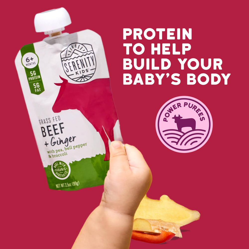 Serenity Kids Beef & Ginger pouch nutrition panel highlights protein.