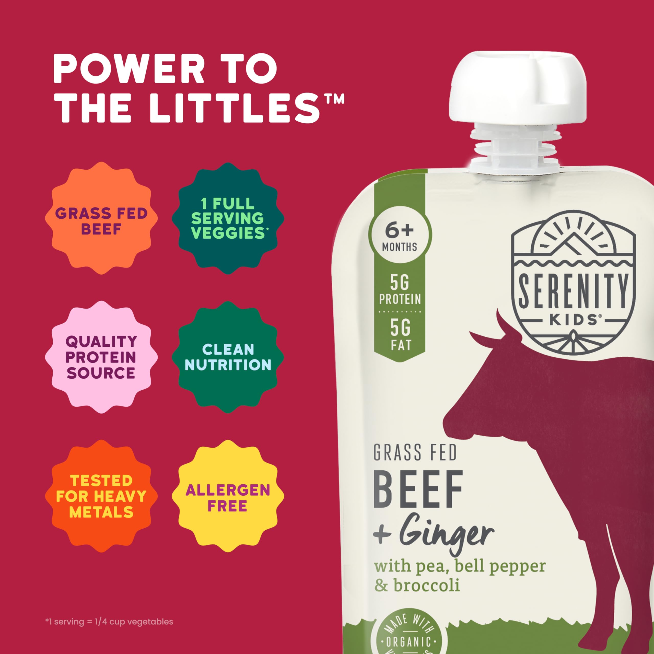 Serenity Kids Beef & Ginger pouch ready to serve during travel.