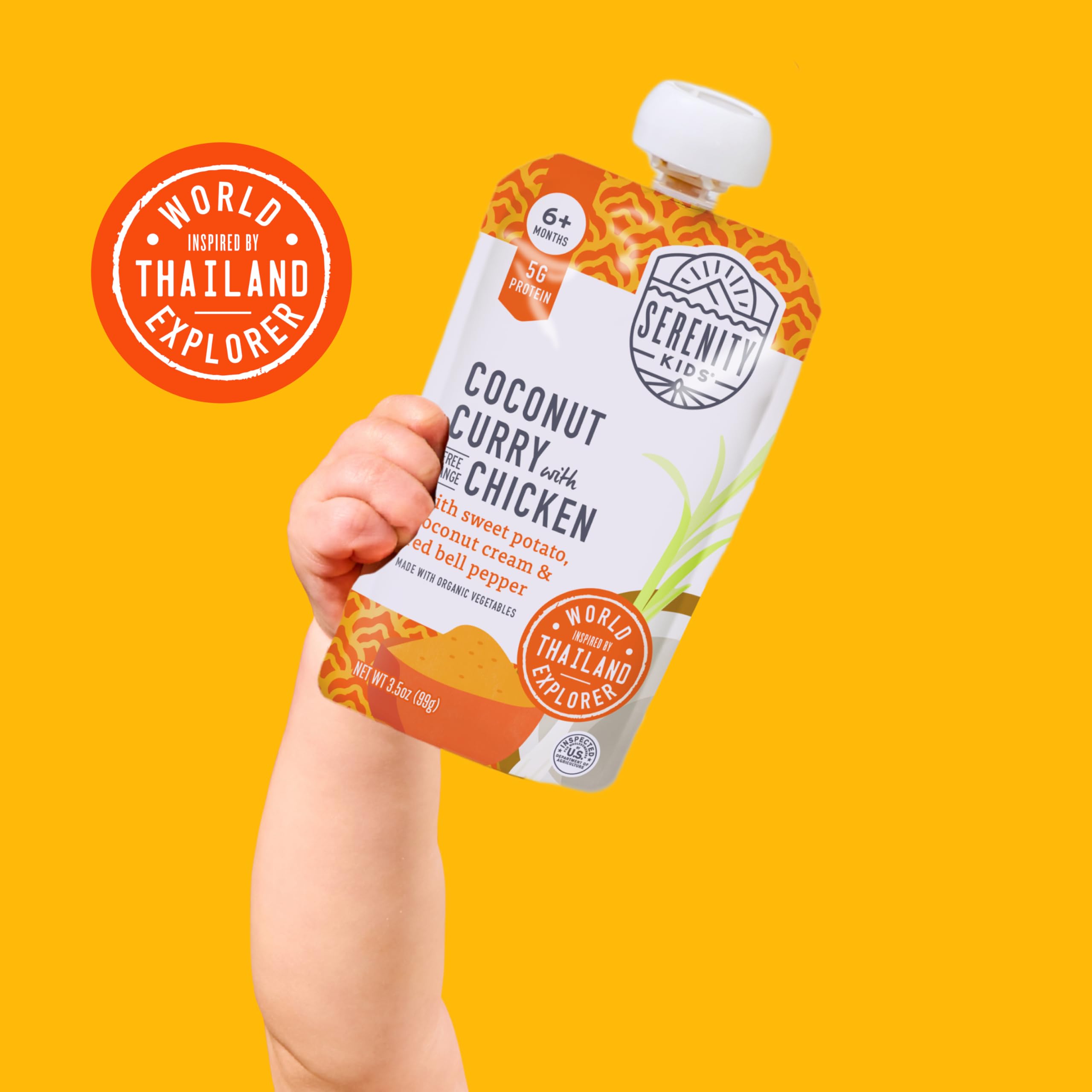 BPA-free packaging highlighted on Serenity Kids pouch.