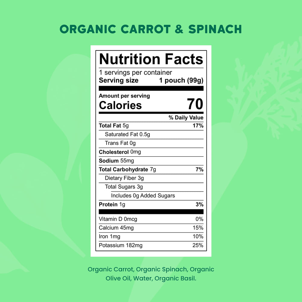 Serenity Kids carrot spinach basil pouch open, ready for quick toddler meals.