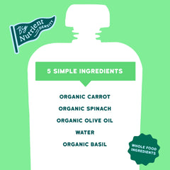 Serenity Kids carrot spinach basil pouch sideview showing puree texture for tiny fingers.