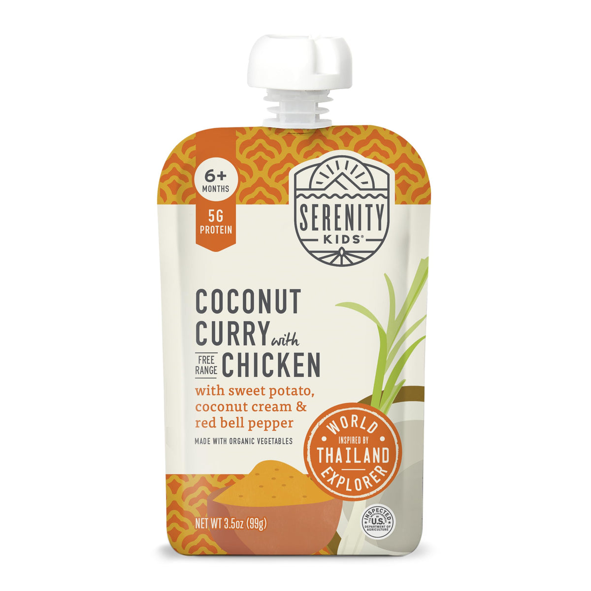 Serenity Kids chicken coconut curry pouch ready for on-the-go feeding.
