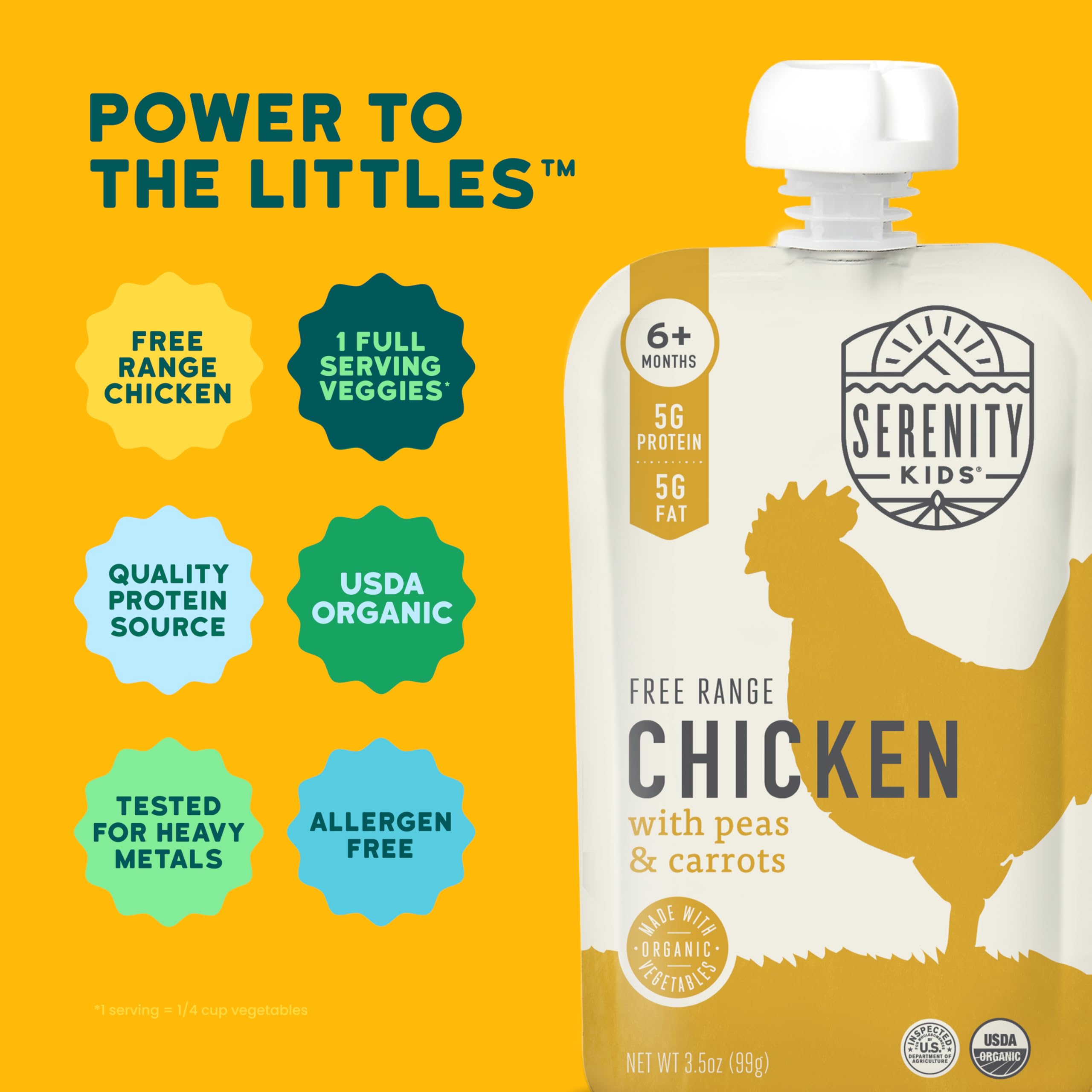 Serenity Kids chicken puree ingredients peas and carrots highlight protein content.