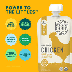 Serenity Kids chicken puree ingredients peas and carrots highlight protein content.