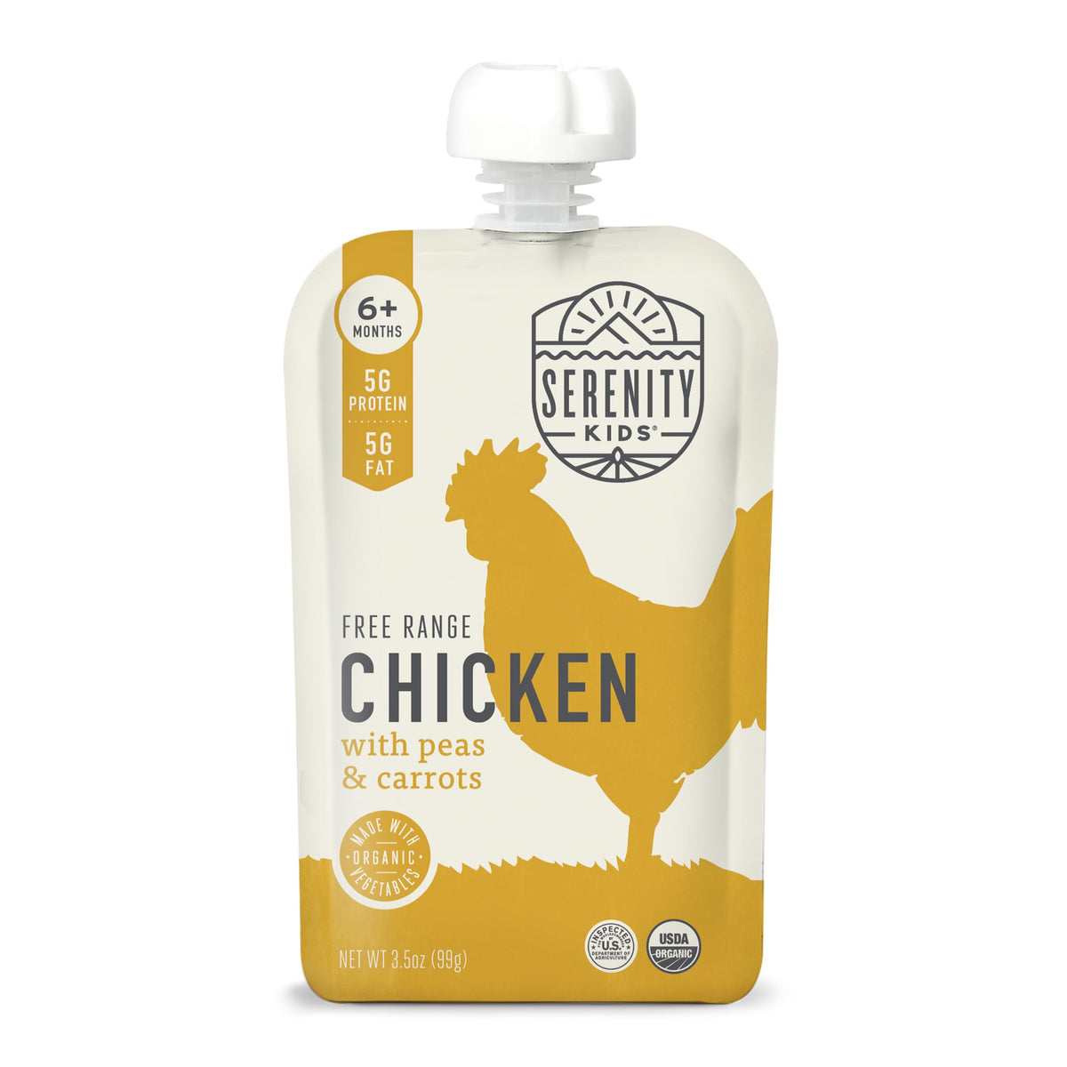 Serenity Kids chicken puree pouch in hand for easy on-the-go feeding.