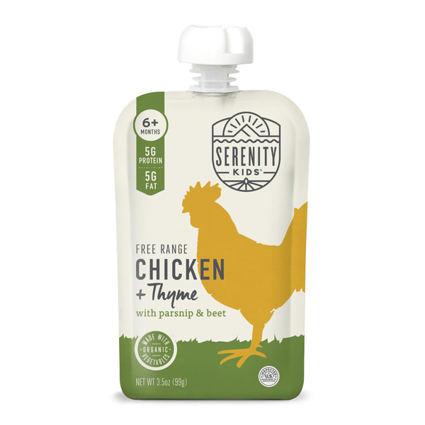 Serenity Kids chicken thyme puree pouch for convenient, protein-rich toddler meals.