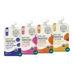 Serenity Kids dairy-free smoothie pouch for 6+ months, ideal for on-the-go meals.