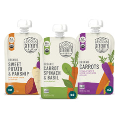 Serenity Kids Garden Veggies pouch front view, organic baby snack option.