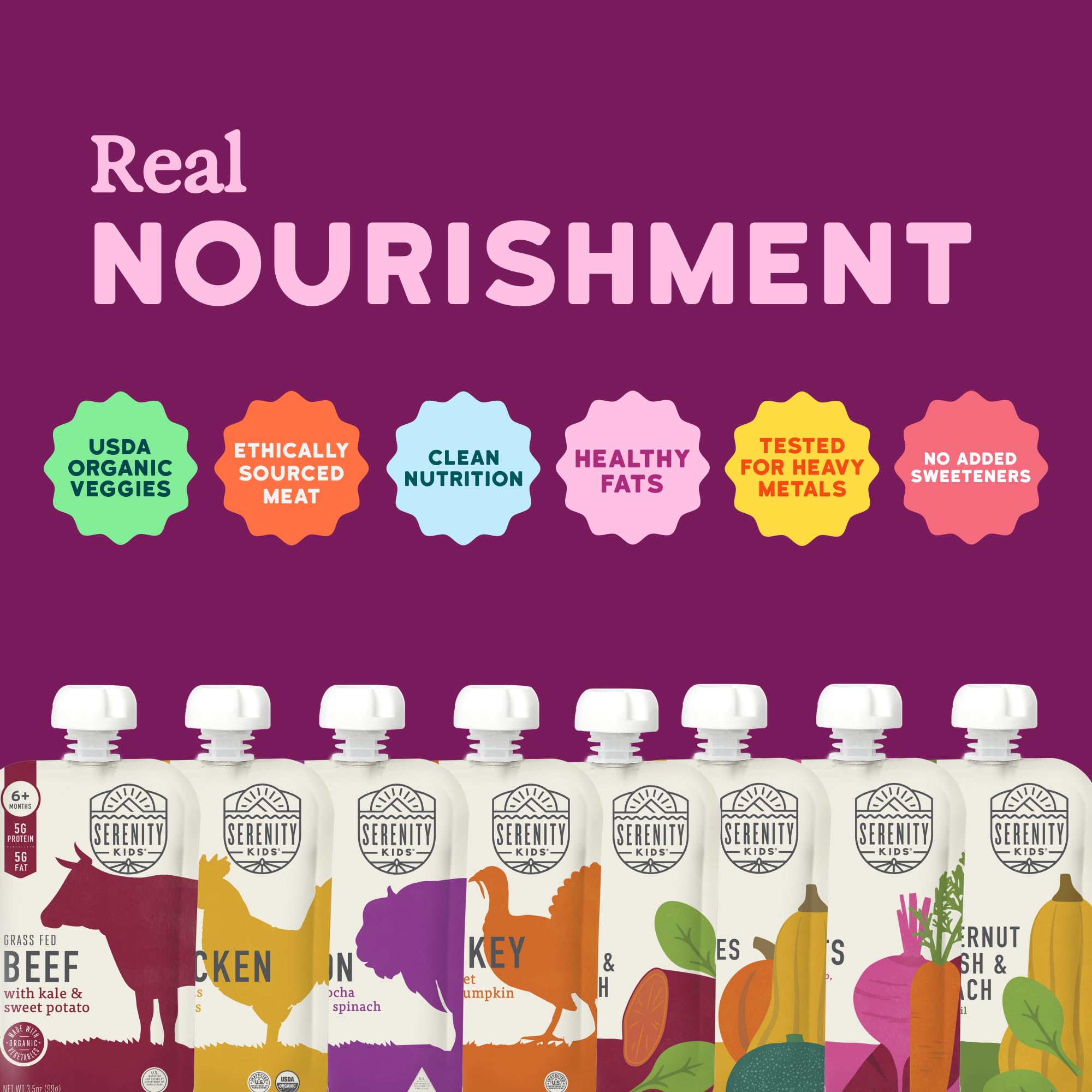 Serenity Kids grass-fed beef pouch label highlights protein-rich option.