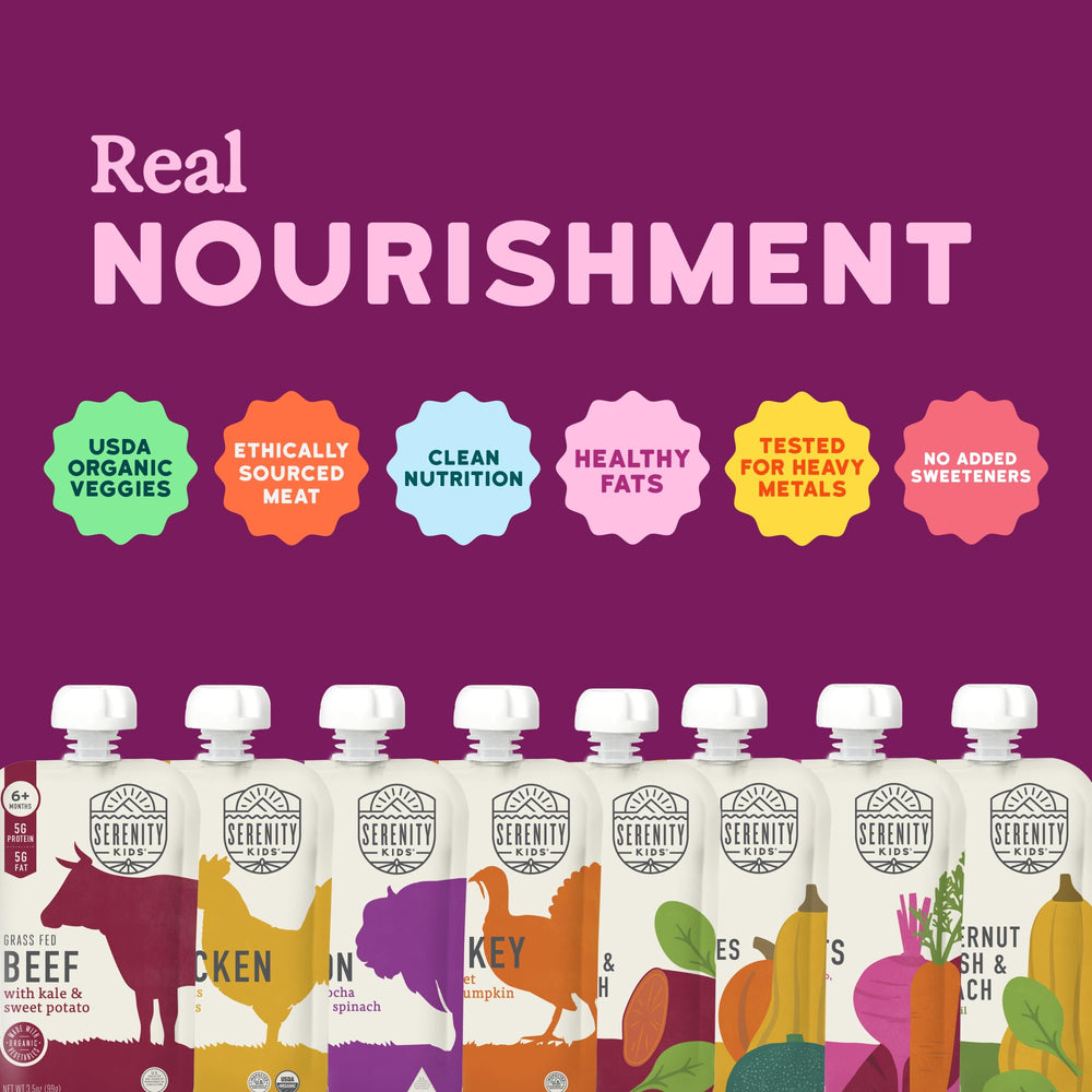 Serenity Kids grass-fed beef pouch label highlights protein-rich option.