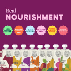 Serenity Kids grass-fed beef pouch label highlights protein-rich option.