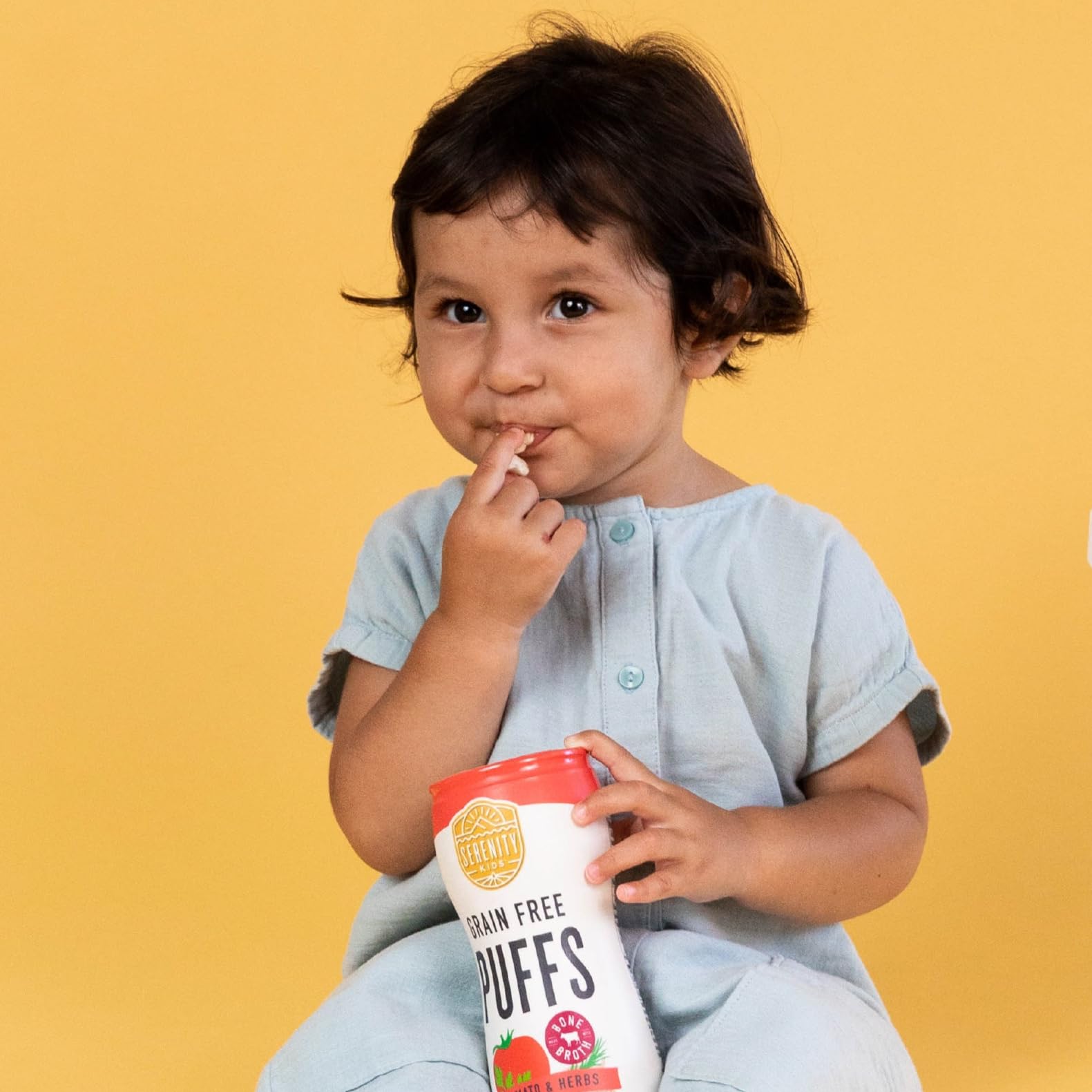 Serenity Kids allergen-free puffs label emphasizing certifications and safety.