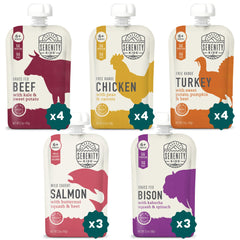 Serenity Kids meat puree pouches package close-up, ready for on-the-go meals.