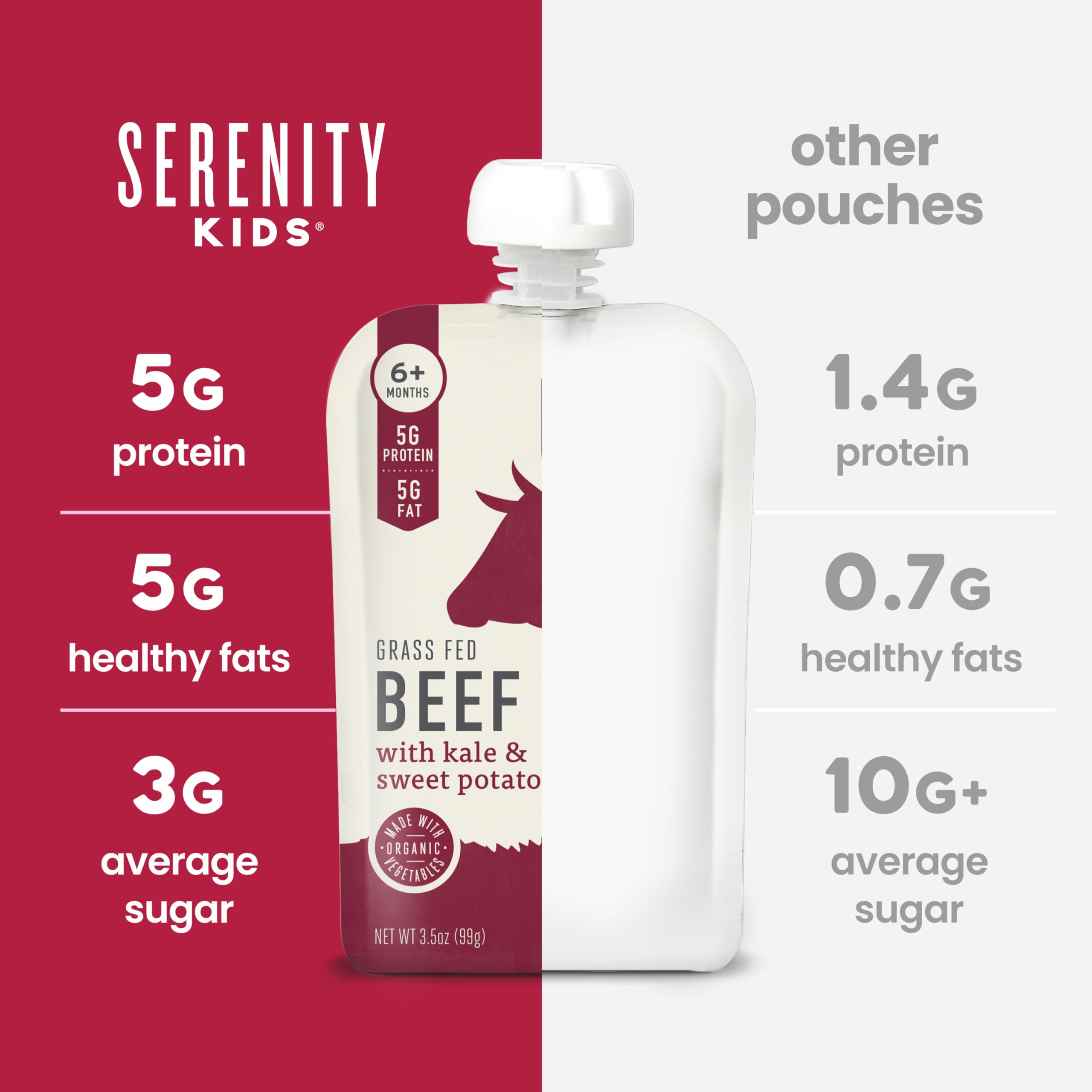 Serenity Kids meat puree pouches pour-action, mess-free feeding.