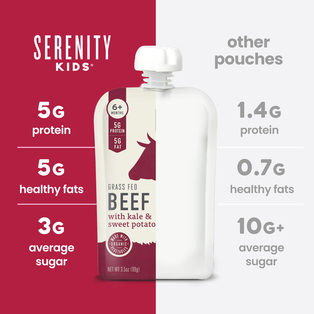Serenity Kids meat puree pouches pour-action, mess-free feeding.