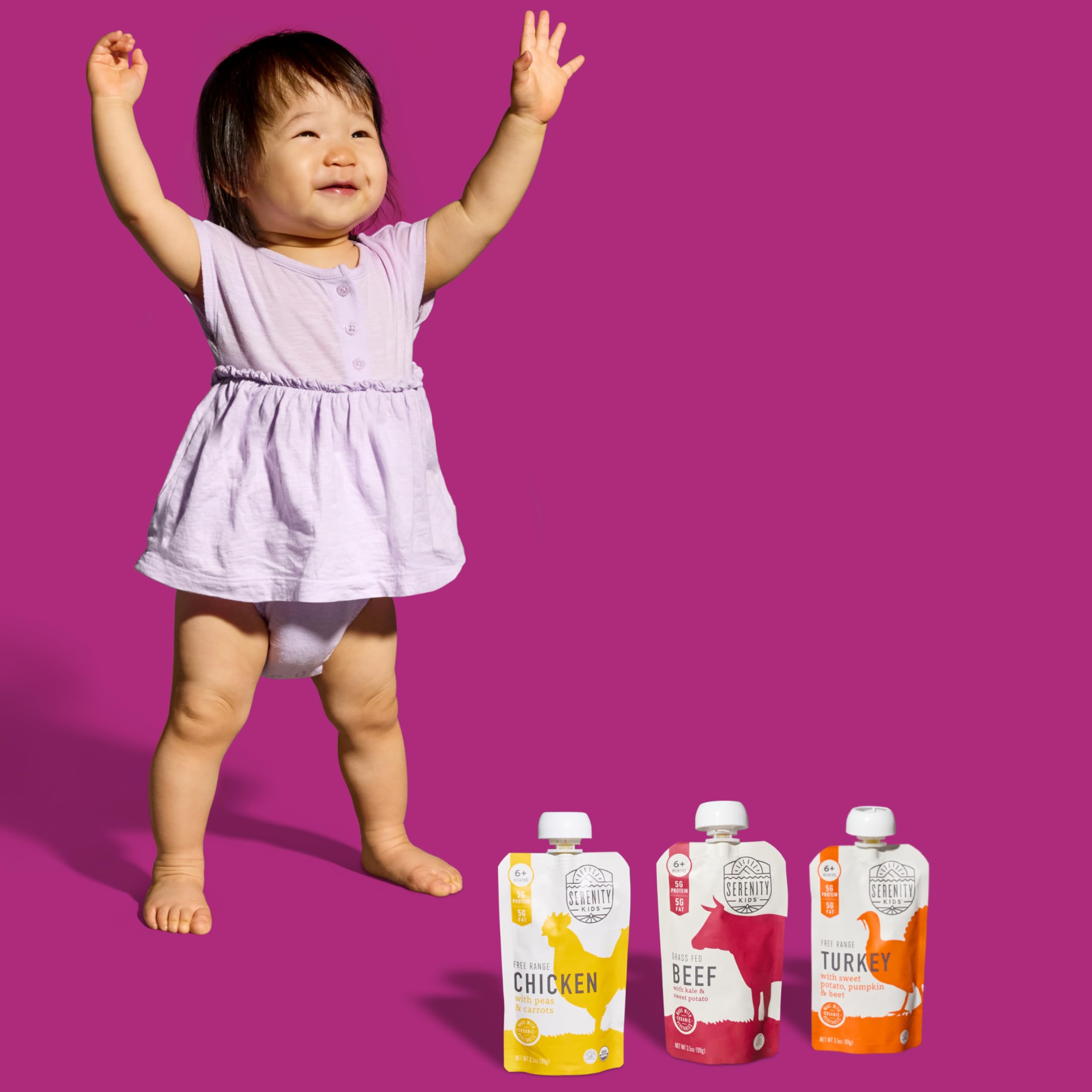 Serenity Kids meat puree pouches travel-friendly packaging for busy days.