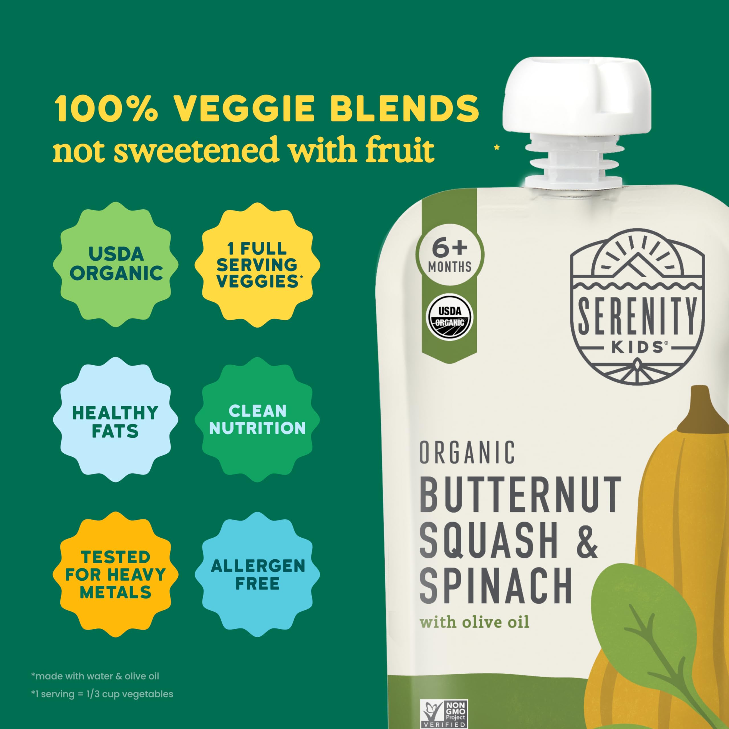 Serenity Kids pouch label highlights no added sugar.