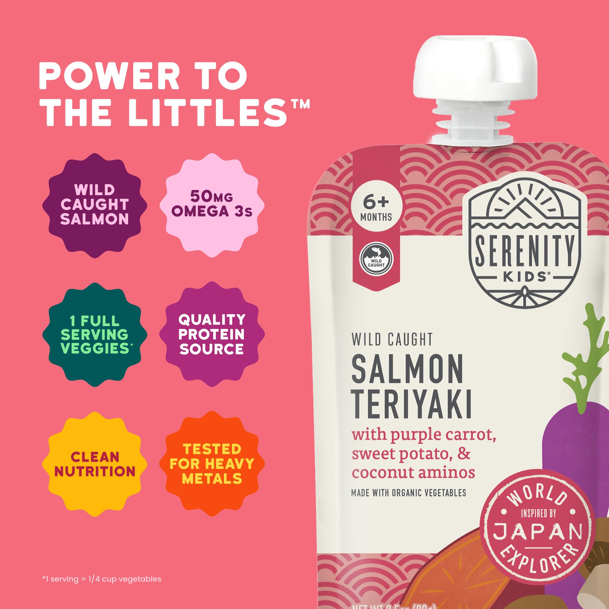Serenity Kids no-added-sugar label conveys savory nutrition without extra sugars.
