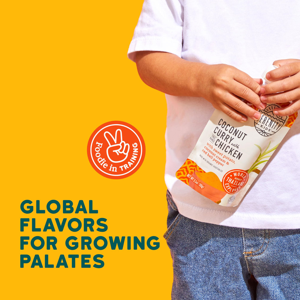 Six-pack Serenity Kids pouches shown for convenient meals.