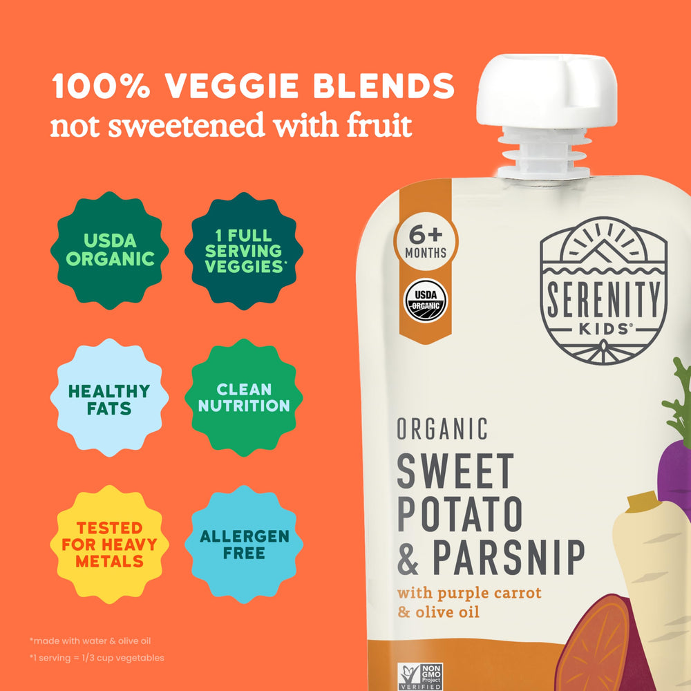 Serenity Kids olive oil pouch detail highlighting healthy fats for energy