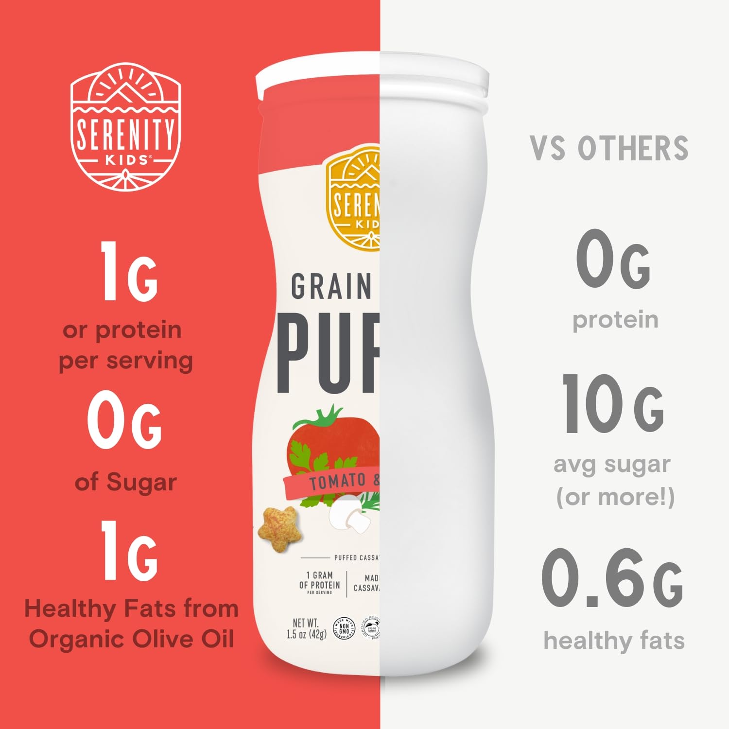 Serenity Kids organic cassava flour bag highlights gluten-free and fair trade certifications.